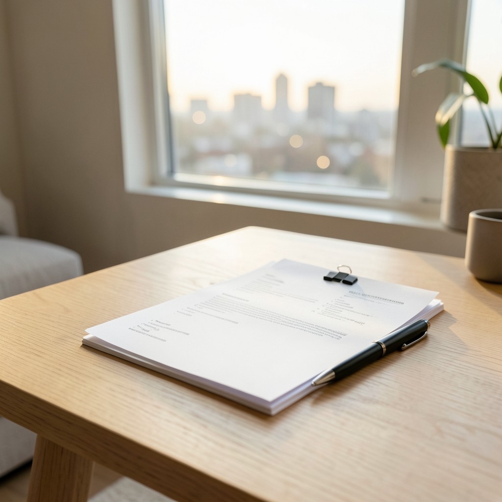 Contrato laboral y bolígrafo sobre una mesa junto a una ventana