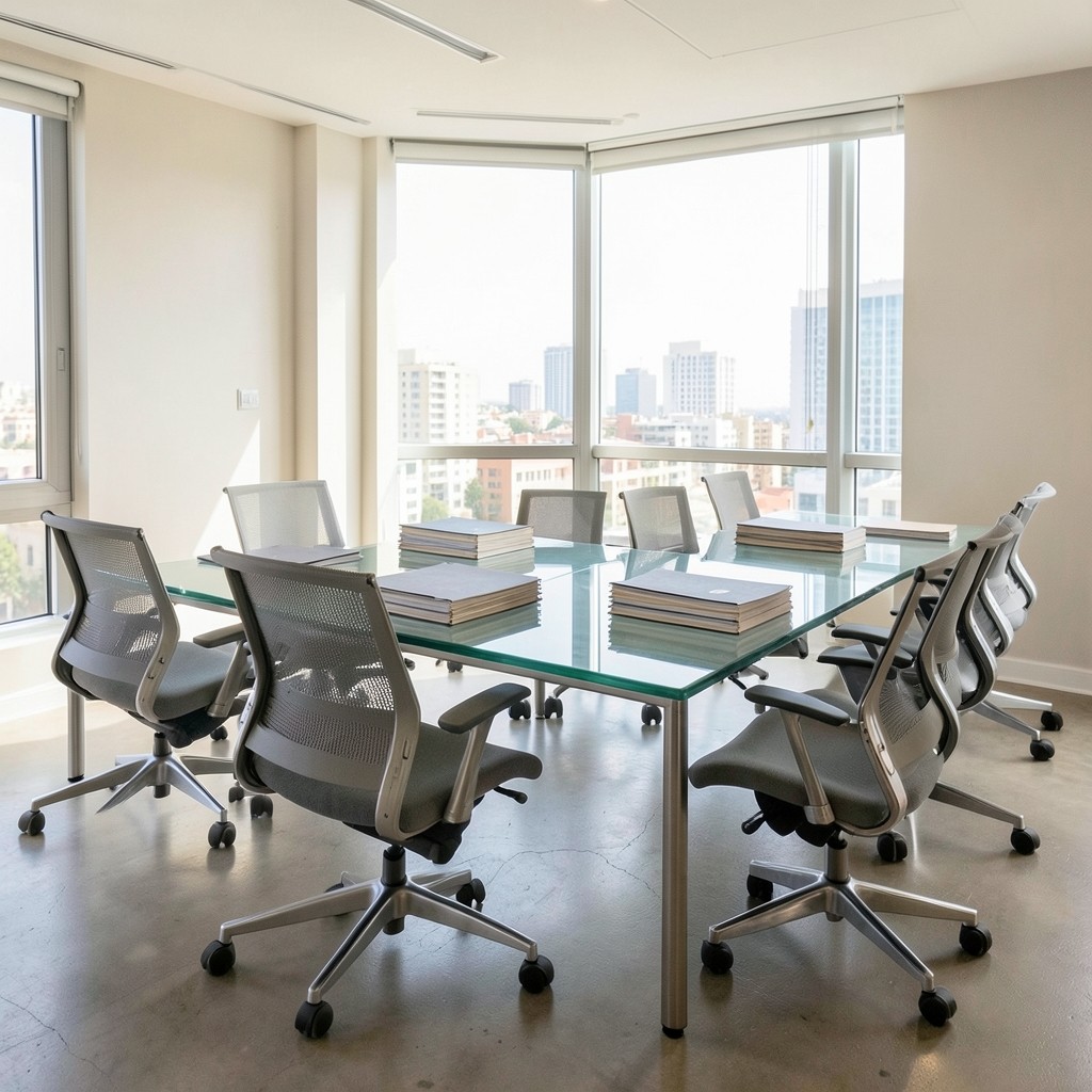 Espacio de oficina luminoso con mesa compartida y carpetas de prácticas