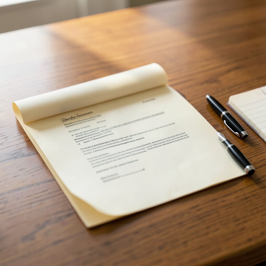 Primer plano de un contrato laboral y notas manuscritas sobre una mesa de madera
