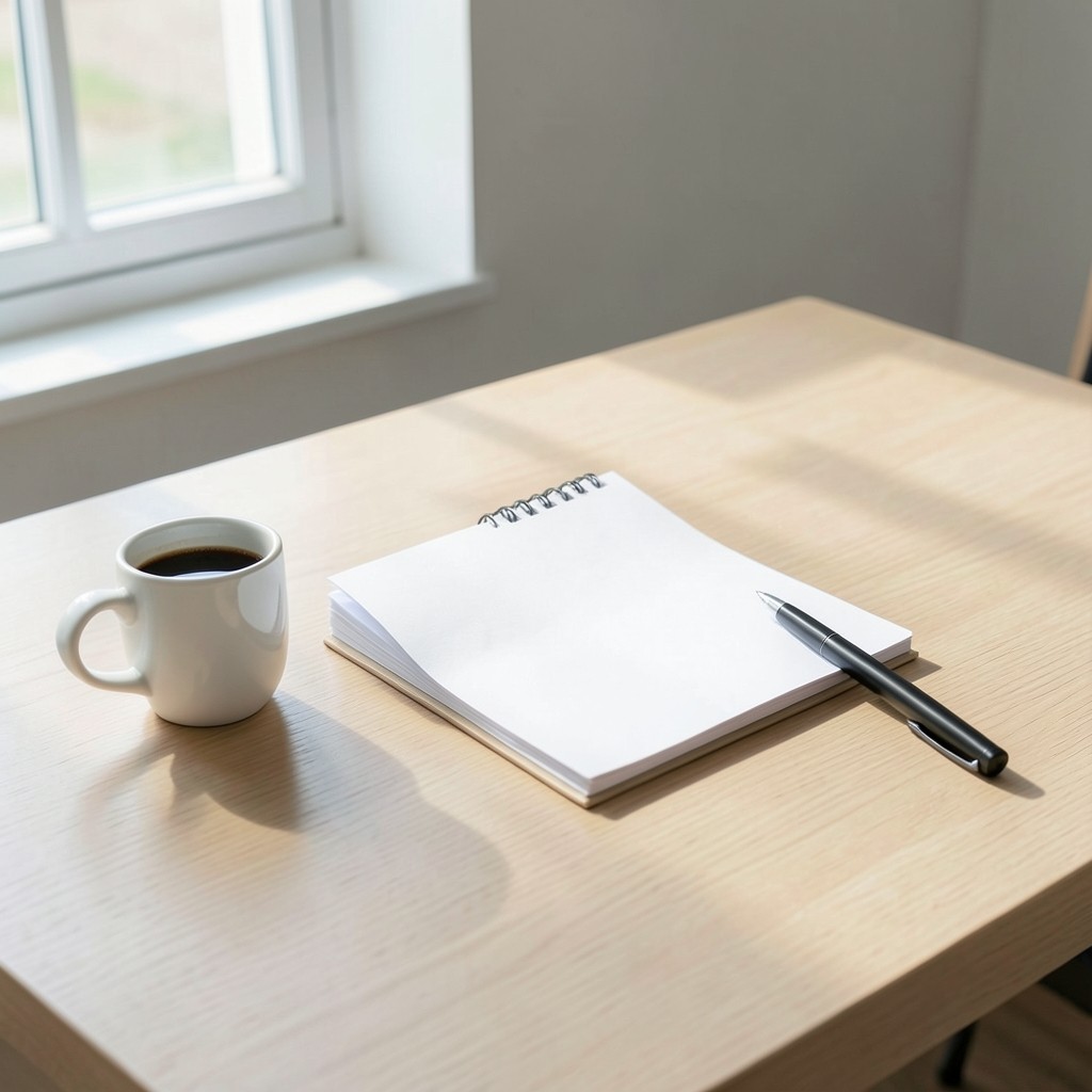 Calendario laboral y bolígrafo junto a una taza de café