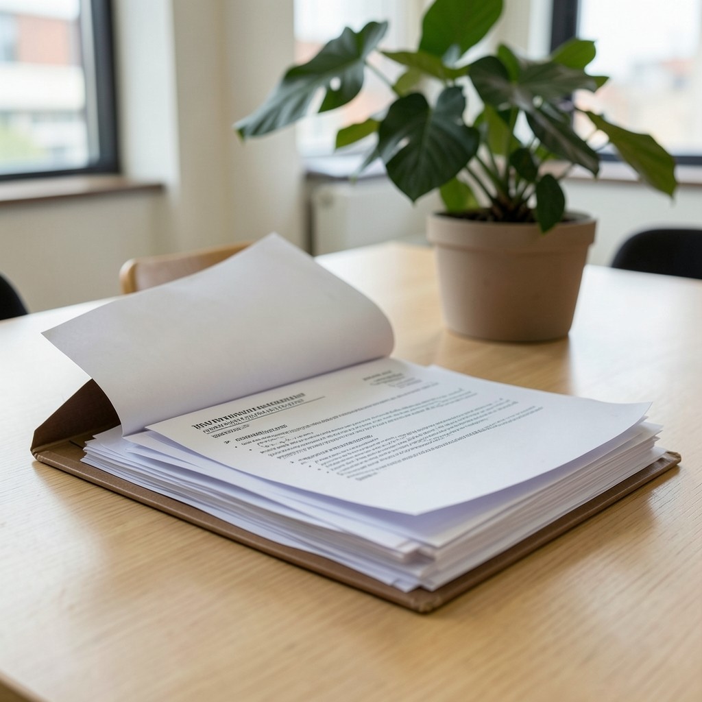 Carpeta de prácticas formativas abierta sobre una mesa de madera clara