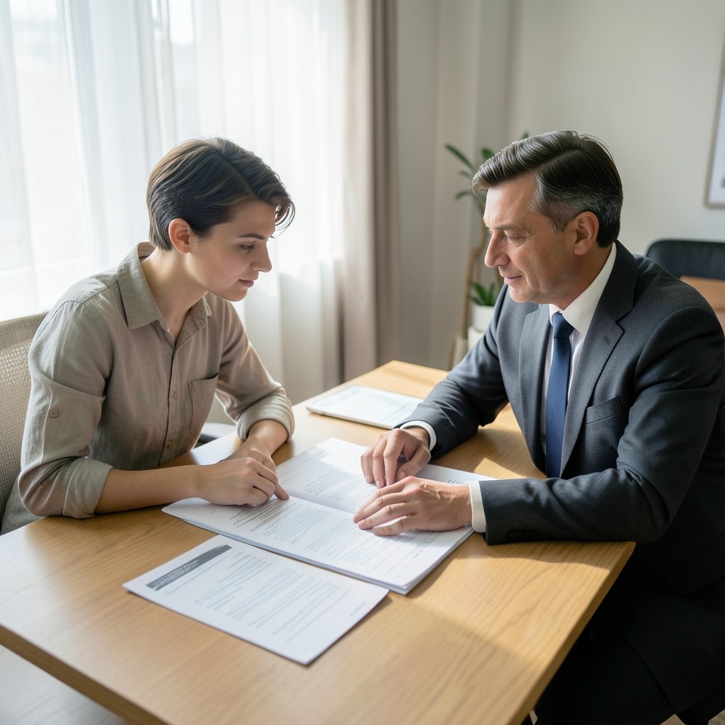 Joven revisando un contrato laboral con una asesora en una mesa de trabajo